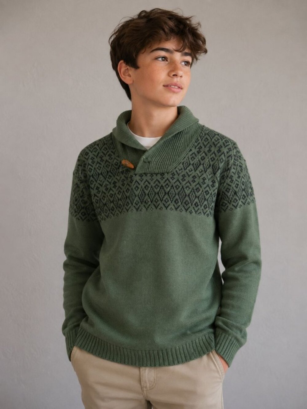 NWT Gioberti boys' 100% cotton pullover knitted sweater shawl collar Fair Isle